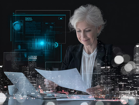 AI visualization representing a business owner reading a success story reading